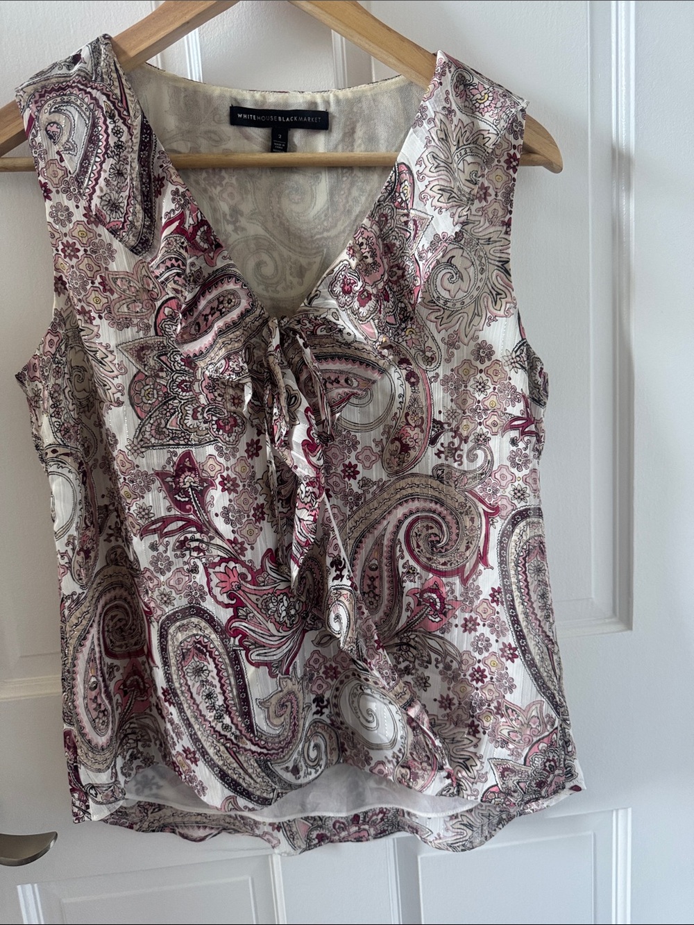White House Black Market Pink and Cream Paisley Tie-Front Sleeveless Top